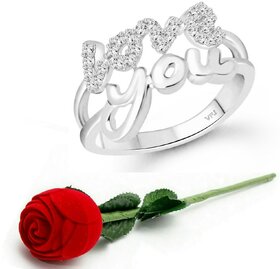 Vighnaharta Valentine message Love (CZ) Rhodium Plated Ring Rose Ring