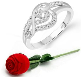VFJ Flower Shine CZ Rhodium Plated Alloy Finger Ring with Scented Velvet Rose Ring Box