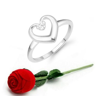 VFJ Cute  Heart CZ Rhodium Plated Ring   with Scented Velvet Rose Ring Box for women and girls and your Valentine.