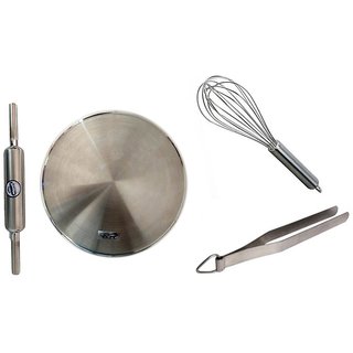 SHIRAZ STAINLESS STEEL COMBO of 4 Pcs(CHAKLA+ BELAN+CHIMTA  WHISKER)