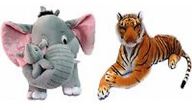 tiger elephant combo Stuffed Soft Animal Toy for Kids /Birthday Kid/Boy/Girl Combo of Mother Elephant with 2 Babies and