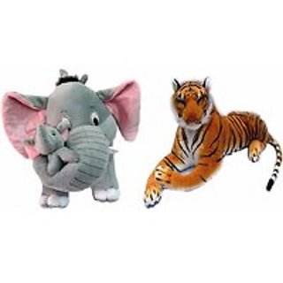 tiger elephant combo Stuffed Soft Animal Toy for Kids /Birthday Kid/Boy/Girl Combo of Mother Elephant with 2 Babies and