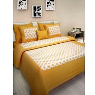 Cotton  Print Yellow Double Bed Sheet With 2 Pillow Covers - (82 X 92 Inch)