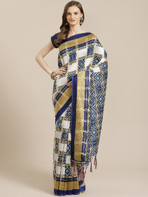 SVB Saree White And Blue Art Silk Printed Saree With Tassels