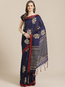 SVB Saree Navy Blue Art Silk Printed Saree With Tassels