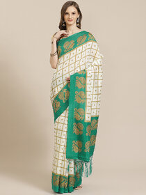 SVB Saree White And Green  Art Silk Printed Saree With Tassels