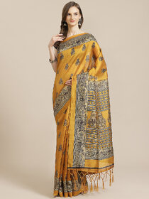 SVB Saree Art Silk Gold Printed Saree With Tassels