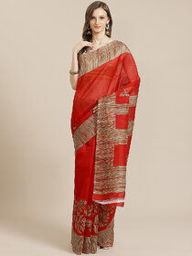 SVB Saree Red Flower Printed Bhagalpuri Saree with Blouse