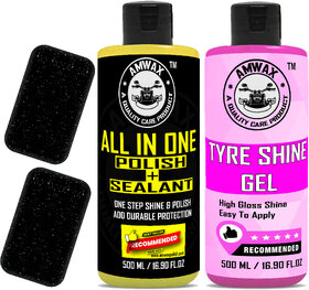 Amwax All In One Polish And Sealant 500 ml, Tyre Shine Glossy 500 ml, 2 Applicator Combo