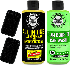 AMWAX ALL IN ONE POLISH 500 ML, CAR AND BIKE FOAMING WASH SHAMPOO 500 ML, 2 APPLICATOR Combo