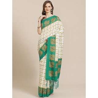 SVB Saree White And Green  Art Silk Printed Saree With Tassels