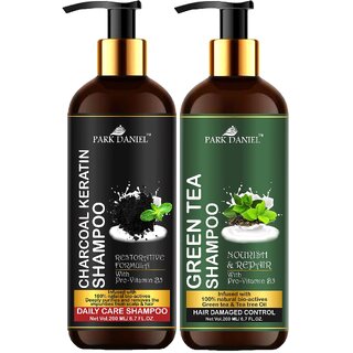Park Daniel Premium Pure and Natural Charcoal Keratin Shampoo & Green Tea Shampoo Combo Pack Of 2 bottle of 200 ml(400 ml)