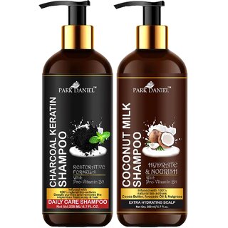 Park Daniel Premium Pure and Natural Charcoal Keratin Shampoo & Coconut Milk Shampoo Combo Pack Of 2 bottle of 200 ml(400 ml)