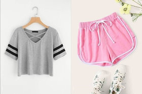 Vivient Pink Short And Grey Cross Neck Combo