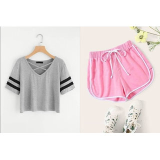 Vivient Pink Short And Grey Cross Neck Combo
