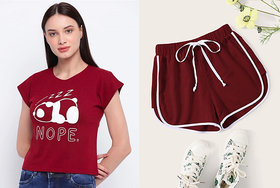 Vivient Women Maroon Nope Printed Top And Maroon Shorts Combo