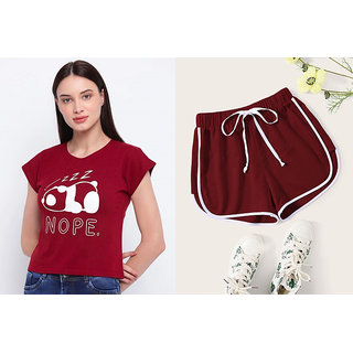 Vivient Women Maroon Nope Printed Top And Maroon Shorts Combo