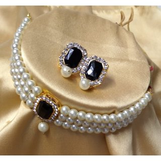 Designer Black CZ Kundan Pearl Choker Jewellery Set