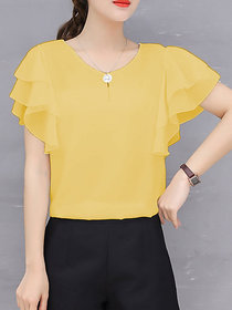 Vivient Women Yellow Ruffle Sleeve Neck Button Top