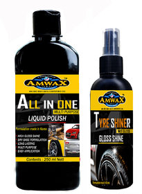 AMWAX ALL IN ONE LIQUID POLISH 250 ML (CAP PKG) + AMWAX TYRE SHINER 120 ML (MIST SPRAY)