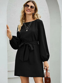Code Yellow Women Elegant Black Elastic Sleeve Crepe Short Dress
