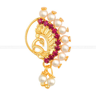 Vighnaharta  Mayur Design Red Stone with AD Stone Alloy Maharashtrian Nath Nathiya./ Nose Pin for women