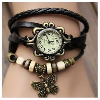 AXTON Leather Black Strap Round Dial Vintage Fancy Bracelet Watch For Girls Women and Ladies