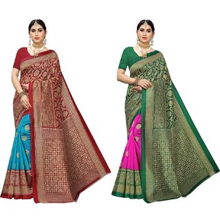 SVB Sarees Green And Red Colour Mysore Silk Saree Pack Of 2