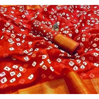 SVB Saree Red Linen Bandhani Saree Without Blouse