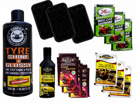 AMWAX TYRE SHINER, SCRATCH  STAIN REMOVER, WASH N WAX SHAMPOO, BODY POLISH POUCH, DASHBOARD POLISH