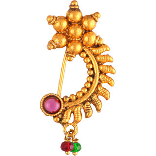 Oxidised Gold with Artificial stone and beads Red Stone Alloy Maharashtrian Nath Nathiya./ Nose Pin for women
