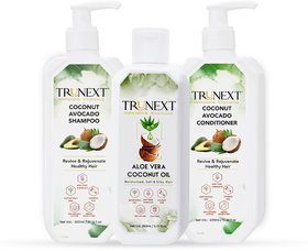 TRUNEXT Aloevera Coconut Oil 200ml+ Coconut Avocado Shampoo 300ml + Coconut Avocado Conditioner 300m-Haircare Combo