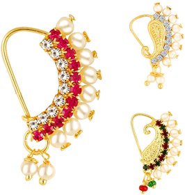 Vighnaharta Piercing Gold Plated Mayur design with Pearls and AD Stone Alloy Maharashtrian Nath Nathiya./ Nose Pin