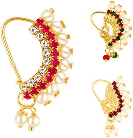 Vighnaharta Piercing Gold Plated Mayur design with Pearls and AD Stone Alloy Maharashtrian Nath Nathiya./ Nose Pin
