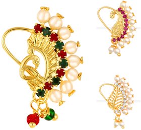 Vighnaharta Piercing Gold Plated Mayur design with Pearls and AD Stone Alloy Maharashtrian Nath Nathiya./ Nose Pin