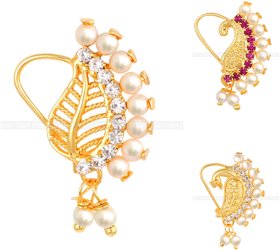 Vighnaharta Piercing Gold Plated Mayur design with Pearls and AD Stone Alloy Maharashtrian Nath Nathiya./ Nose Pin