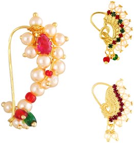 Vighnaharta Piercing Gold Plated Mayur design with Pearls and AD Stone Alloy Maharashtrian Nath Nathiya./ Nose Pin