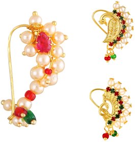 Vighnaharta Piercing Gold Plated Mayur design with Pearls and AD Stone Alloy Maharashtrian Nath Nathiya./ Nose Pin