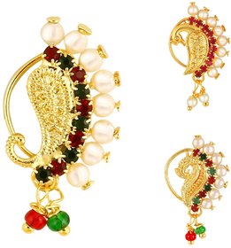 Vighnaharta Non Piercing Gold Plated Mayur design with Pearls AD Stone Alloy Maharashtrian Nath Nathiya./ Nose Pin