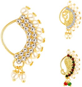 Vighnaharta Non Piercing Gold Plated Mayur design with Pearls AD Stone Alloy Maharashtrian Nath Nathiya./ Nose Pin
