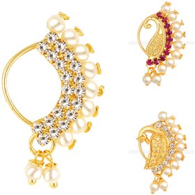 Vighnaharta Non Piercing Gold Plated Mayur design with Pearls AD Stone Alloy Maharashtrian Nath Nathiya./ Nose Pin