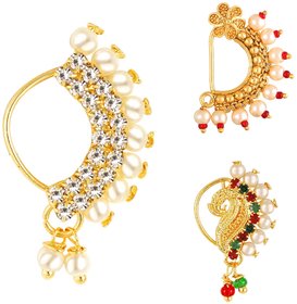 Vighnaharta Non Piercing Gold Plated Mayur design with Pearls AD Stone Alloy Maharashtrian Nath Nathiya./ Nose Pin