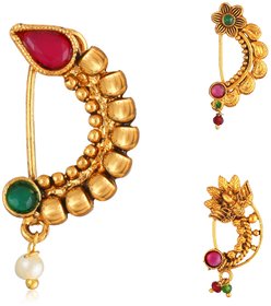 Non Piercing Oxidised Gold with Artificial stone and beads Red Stone Alloy Maharashtrian Nath Nathiya.