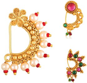 Non Piercing Oxidised Gold with Artificial stone and beads Red Stone Alloy Maharashtrian Nath Nathiya.