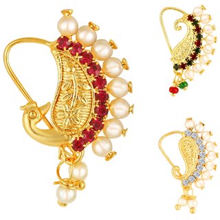 Vighnaharta Piercing Gold Plated Mayur design with Pearls and AD Stone Alloy Maharashtrian Nath Nathiya./ Nose Pin