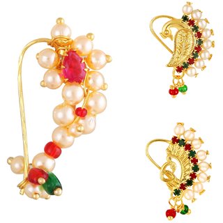 Vighnaharta Piercing Gold Plated Mayur design with Pearls and AD Stone Alloy Maharashtrian Nath Nathiya./ Nose Pin