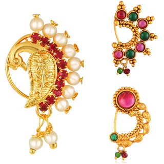 Vighnaharta Non Piercing Gold Plated Mayur design with Pearls AD Stone Alloy Maharashtrian Nath Nathiya./ Nose Pin