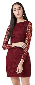 Miss Chase Womens Maroon Round Neck Full Sleeves Lace Bodycon Mini Dress