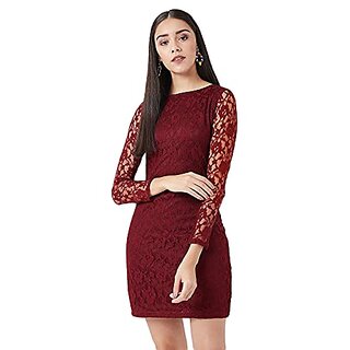 Miss Chase Womens Maroon Round Neck Full Sleeves Lace Bodycon Mini Dress