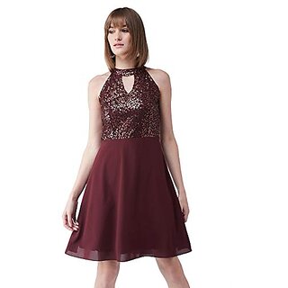Miss Chase Womens Wine Red Round Neck Sleeveless Solid Sequin Flowy Knee-Long Skater Dress